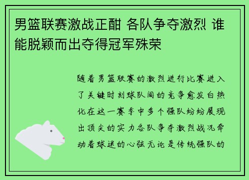 男篮联赛激战正酣 各队争夺激烈 谁能脱颖而出夺得冠军殊荣